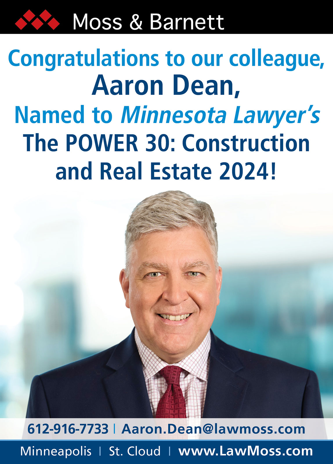 Aaron Dean selected to Minnesota Lawyer Power 30 for Construction Law